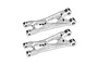 Two silver GPM Racing aluminium rear lower suspension arms for RC cars, shown from an angled perspective against a white background.