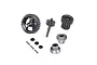 A set of GPM Racing 40CR steel transmission gears and small metal components for RC vehicles against a white background.