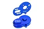 A blue anodized aluminium motor mount and gear cover set from GPM Racing, shown against a white background.