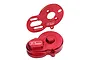 A red anodized aluminium motor mount and gear cover set by GPM Racing for RC vehicles, shown against a white background.