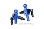 Two blue anodized aluminium and black carbon steel steering hub components for RC cars, labeled L and R.