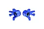 A pair of blue anodized aluminium front steering hubs for RC cars by GPM Racing, marked with L and R for left and right sides.