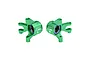A pair of green anodized aluminium RC front steering hubs by GPM Racing, featuring pre-installed bearings and marked with L and R for orientation.