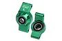 Two green anodized aluminium RC rear hubs from GPM Racing, featuring pre-installed ball bearings and marked with L and R indicators.