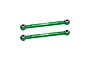 Two green anodized aluminium GPM Racing steering linkage rods with silver metal pivot balls at each end, isolated on a white background.