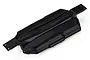 A black plastic main chassis for an RC car, viewed from an angled top-down perspective against a white background.