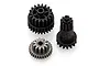 A set of three RC transmission gears, including two black plastic gears and one metallic pinion gear, isolated on a white background.