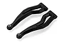 Two black plastic front upper suspension arms for an RC car, featuring a curved design and metal pivot bushings.
