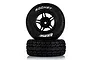 Two Louise Rocket 2.2/3.0 inch RC short course front wheels with black rims and treaded rubber tyres, stacked against a white background.