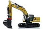 Kabolite K961 100S RC excavator model in yellow and black, featuring detailed hydraulic arms, a large bucket, and tracked undercarriage.