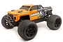 HPI Savage X Flux V2 RC monster truck with orange and grey graffiti-style body, large black off-road tires, and black wheels on a white background.