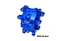 A blue anodized aluminium rear differential housing for RC cars by GPM Racing, featuring multiple mounting points and the GPM Racing logo.