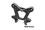 A black GPM Racing aluminium front shock tower for RC cars, featuring silver chamfered edges and multiple mounting holes.