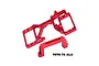 GPM Racing red anodized aluminium servo mount set for RC cars, featuring a main chassis brace and a separate bridge mount.