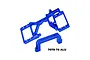 GPM Racing blue anodized aluminium servo mount set for RC vehicles, featuring a main bracket and a separate support brace.