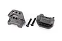 Traxxas lower shock mount set including two grey plastic mounts and two black metal screws on a white background.