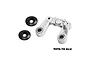 GPM Racing silver aluminium steering bellcrank assembly with two black washers on a white background.