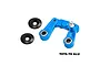 GPM Racing sky blue aluminium steering bellcrank assembly with bearings and two black washers on a white background.
