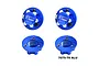 Four blue GPM Racing 17mm aluminium wheel lock nuts shown from top and bottom angles against a white background.