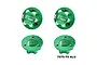 Four green GPM Racing 17mm aluminium wheel lock nuts, showing both the front face with branding and the threaded rear side.