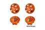 Four orange GPM Racing 17mm aluminium wheel lock nuts shown from top and bottom angles against a white background.