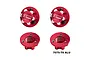 Four red GPM Racing 17mm aluminium wheel lock nuts shown from top and bottom angles against a white background.