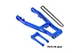 A blue anodized aluminium RC motorcycle swing arm, pull rod, and drive chain set by GPM Racing on a white background.