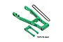 Green anodized aluminium swing arm, pull rod, and drive chain for an RC motorcycle by GPM Racing.