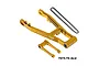Gold anodized aluminium swing arm, pull rod, and drive chain for an RC motorcycle by GPM Racing.