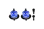 Two blue GPM Racing aluminium differential housings with black ring gears and two separate black pinion gears on a white background.