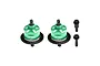 Two green GPM Racing aluminium differential housings with black ring gears and two separate black pinion gears on a white background.
