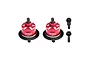 Two red anodized aluminium RC differential housings with black ring gears and two separate black pinion gears on a white background.