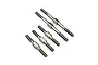 A set of five silver-coloured titanium turnbuckles of varying lengths arranged diagonally against a white background.