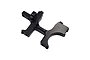 A black anodized aluminium RC car bulkhead component with mounting holes and a curved profile, isolated on a white background.