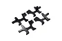 A set of four black anodized aluminium RC car bulkheads arranged on a white background.