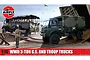 Airfix 1/76 scale model kit box art featuring two Bedford 3-ton military trucks on a beach with soldiers and a landing craft ramp.