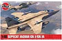Box art for Airfix 1/48 scale SEPECAT Jaguar GR.1/GR.1A model kit showing two desert-camo fighter jets flying over a landscape.