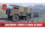 Airfix 1/76 scale Land Rover 1 Tonne FC Truck GS Body plastic model kit box art showing two trucks driving on a rocky mountain path.