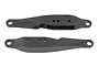 Two black plastic trailing arms for an RC car, shown from side and top-down angles against a white background.
