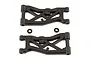 Two black plastic RC car front suspension arms with two small circular spacers on a white background.