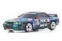 Kyosho Mini-Z Nissan Skyline GT-R R32 RC car featuring the iconic HKS livery with purple, green, and black paint scheme on a white background.