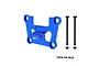 A blue anodized aluminium rear bulkhead mount for RC cars by GPM Racing, shown with two long black screws and two nuts on a white background.