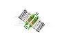 A pair of GPM Racing green and orange aluminium RC front shock absorbers with extra springs and mounting screws on a white background.