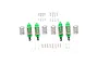 A set of four green aluminium RC shock absorbers with extra springs, screws, and spacers laid out on a white background.