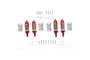 GPM Racing aluminium shock absorber set in red, including four shocks, eight springs, and various mounting screws and spacers on a white background.