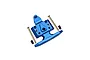 A blue anodized aluminium front skid plate for an RC car, accompanied by two metal pins and two small black grub screws, isolated on a white background.
