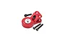 A red anodized aluminium 25T servo horn with a built-in servo saver mechanism, accompanied by three black hex screws, isolated on a white background.