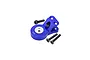 A blue GPM aluminium 25T servo horn with a built-in servo saver and three black hex screws on a white background.