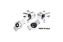 Four silver GPM Racing aluminium RC car steering and rear hubs with installed bearings, isolated on a white background.