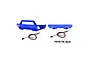 A set of blue anodized aluminium front and rear bumpers for an RC car, including two LED light kits with wiring harnesses.